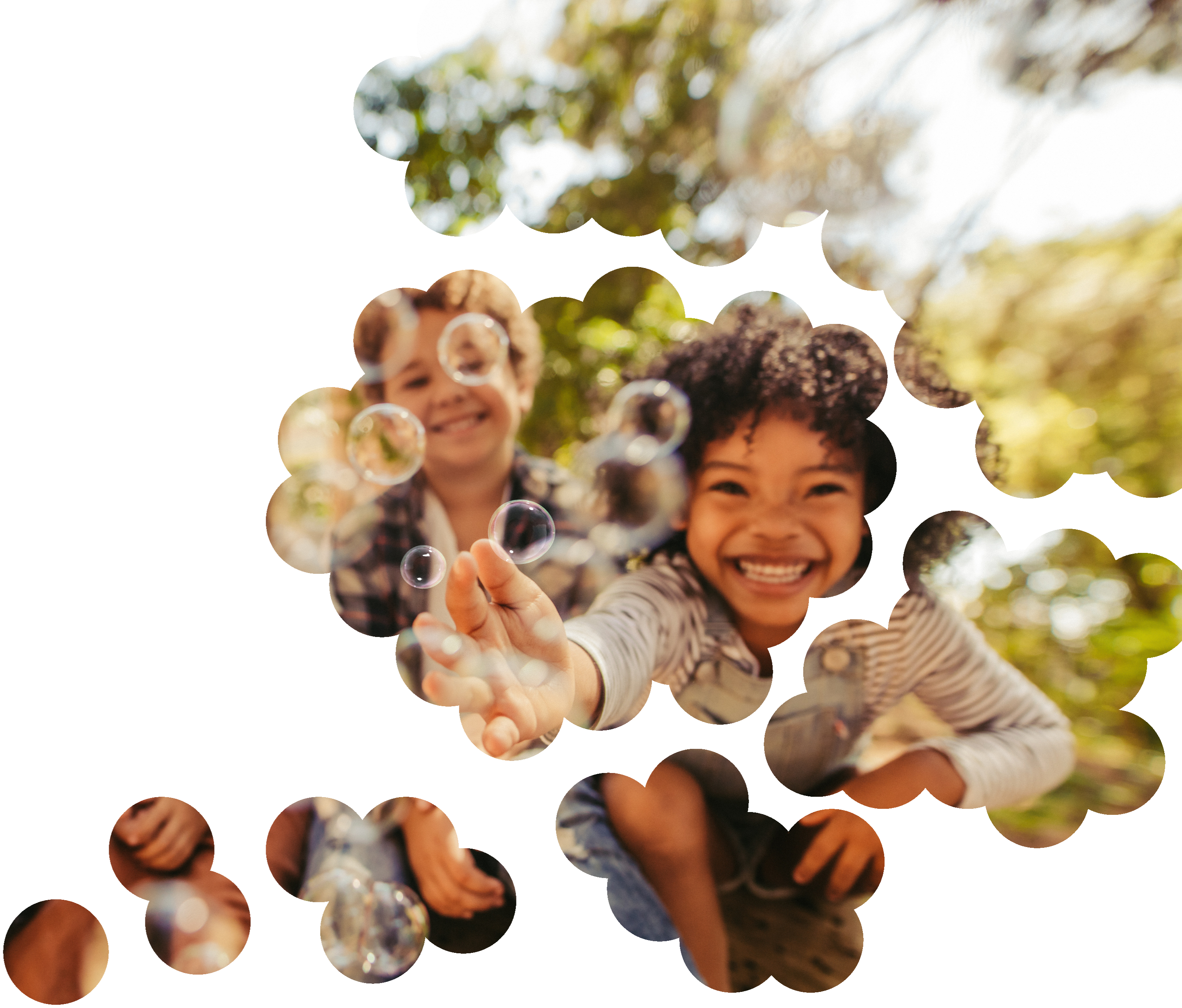 Children playing with bubbles, revealed through clusters of circles